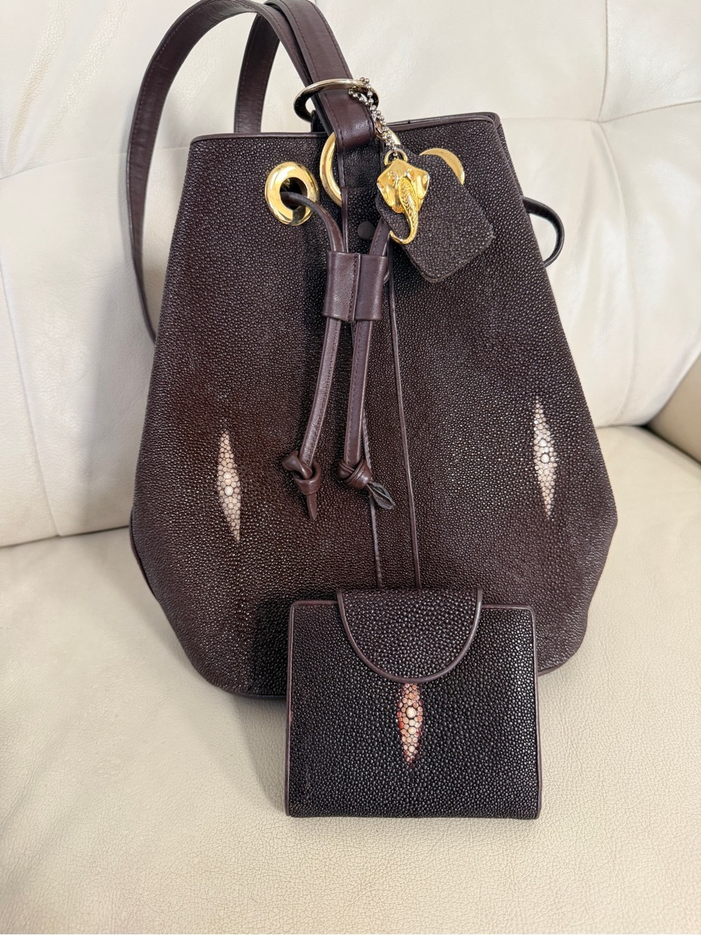 Dark Brown Stingray Leather Bucket Bag with Matching Wallet